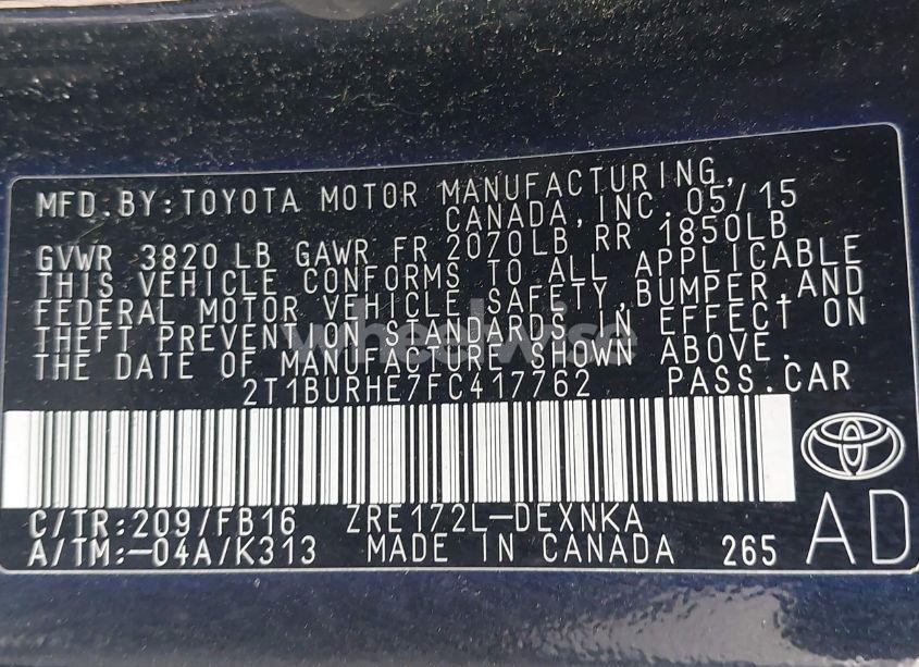 Photo 9 of 2015 Toyota Corolla LE (VIN 2T1BURHE7FC417762)