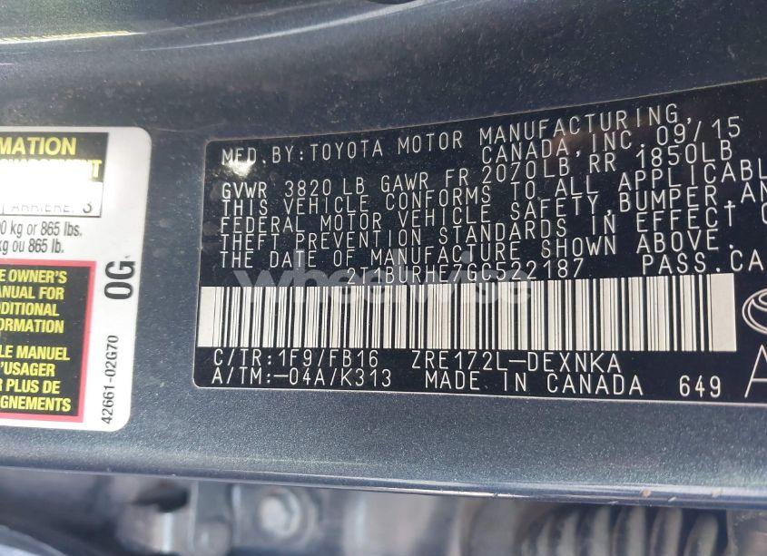 Photo 9 of 2016 Toyota Corolla LE (VIN 2T1BURHE7GC522187)