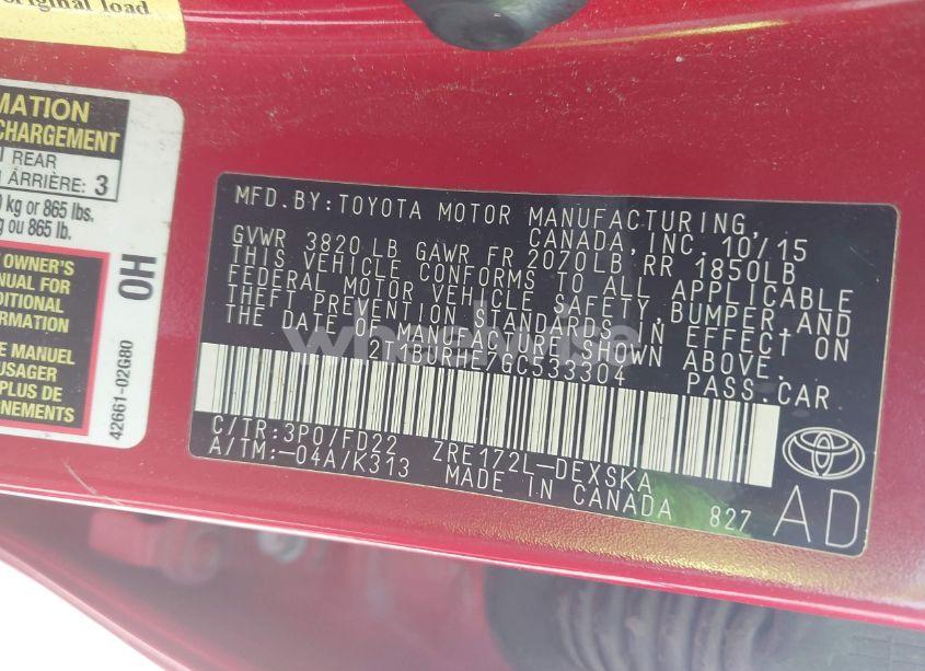 Photo 9 of 2016 Toyota Corolla S W/SPECIAL EDITION PKG (VIN 2T1BURHE7GC533304)