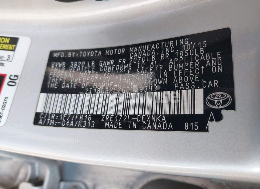 Photo 9 of 2016 Toyota Corolla LE (VIN 2T1BURHE7GC539393)