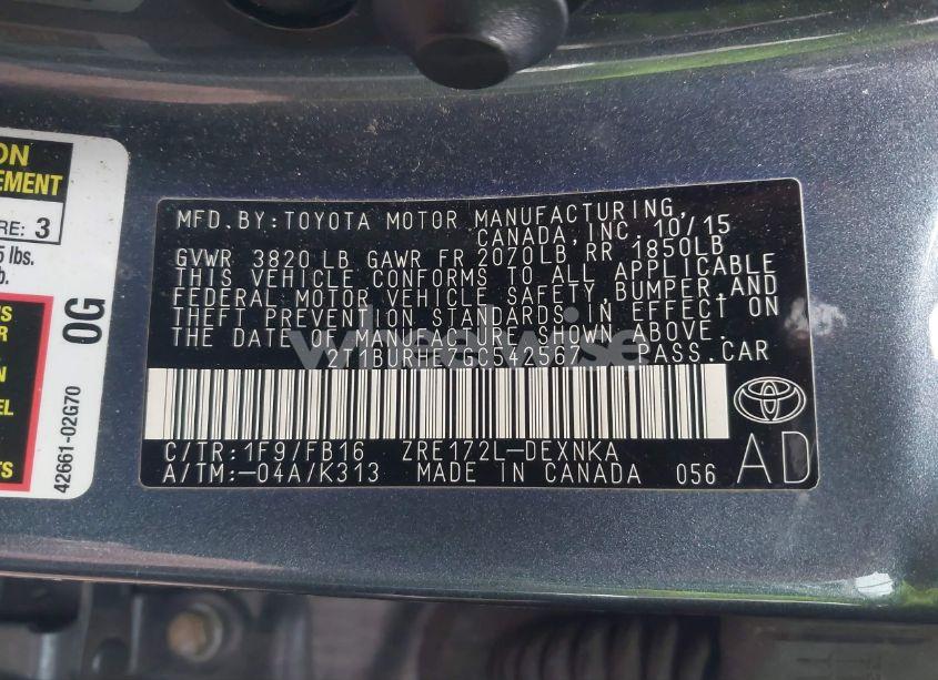 Photo 9 of 2016 Toyota Corolla LE (VIN 2T1BURHE7GC542567)