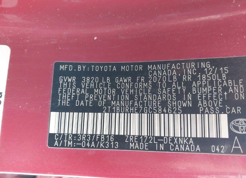 Photo 9 of 2016 Toyota Corolla LE (VIN 2T1BURHE7GC584625)