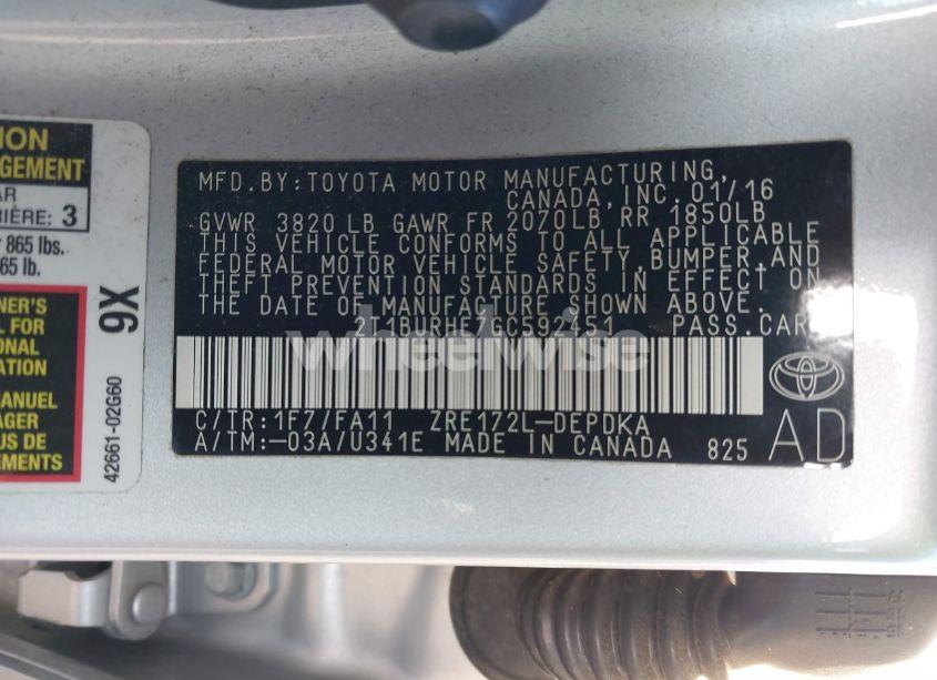 Photo 9 of 2016 Toyota Corolla L (VIN 2T1BURHE7GC592451)