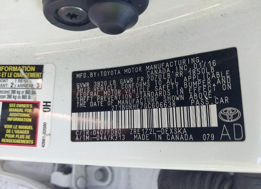 Photo 9 of 2016 Toyota Corolla S PLUS (VIN 2T1BURHE7GC606638)