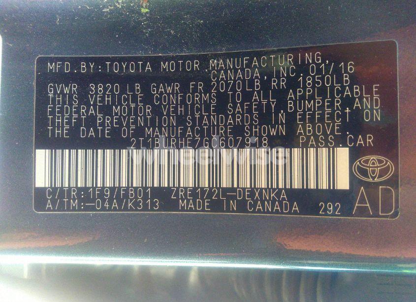 Photo 9 of 2016 Toyota Corolla LE (VIN 2T1BURHE7GC607918)