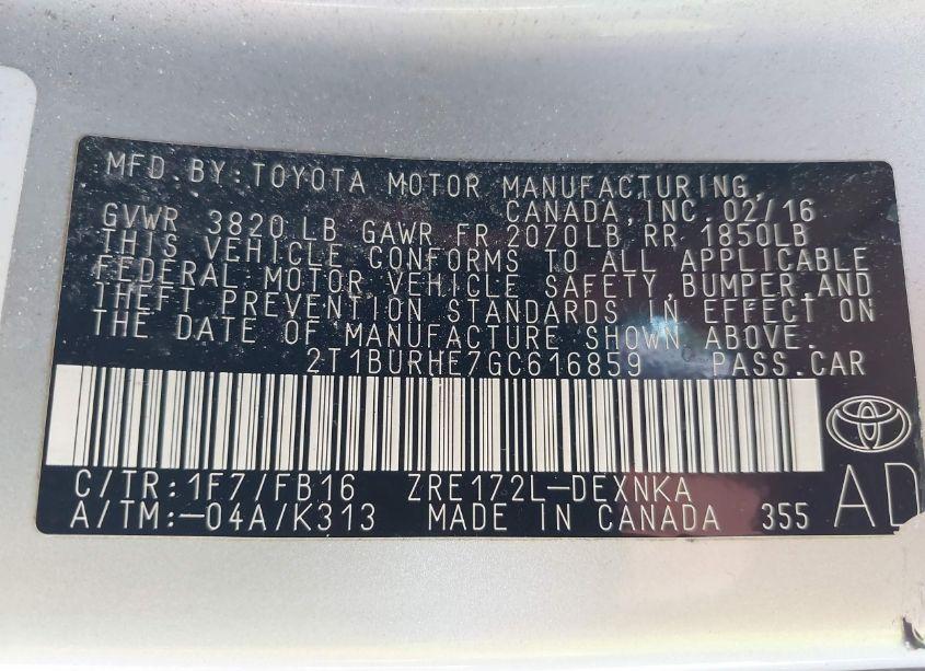 Photo 9 of 2016 Toyota Corolla LE (VIN 2T1BURHE7GC616859)