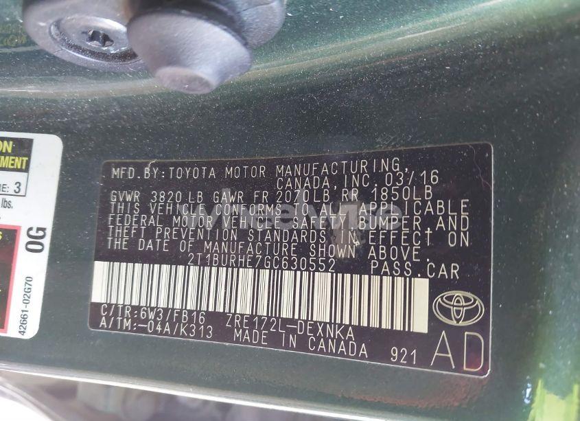 Photo 9 of 2016 Toyota Corolla LE (VIN 2T1BURHE7GC630552)