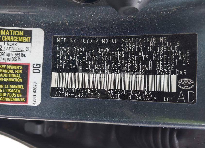 Photo 9 of 2016 Toyota Corolla LE (VIN 2T1BURHE7GC637369)