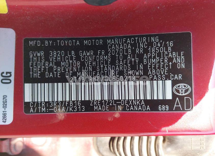 Photo 9 of 2016 Toyota Corolla L/LE/LE PLUS/LE PREMIUM/S/S PLUS/S PREMIUM/S W/SPECIAL EDITION PKG (VIN 2T1BURHE7GC650218)