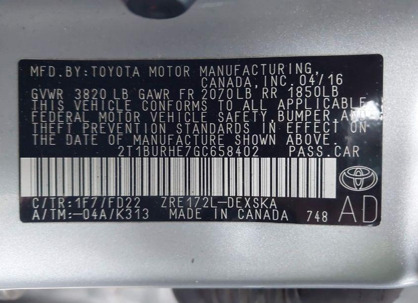 Photo 9 of 2016 Toyota Corolla S PLUS (VIN 2T1BURHE7GC658402)