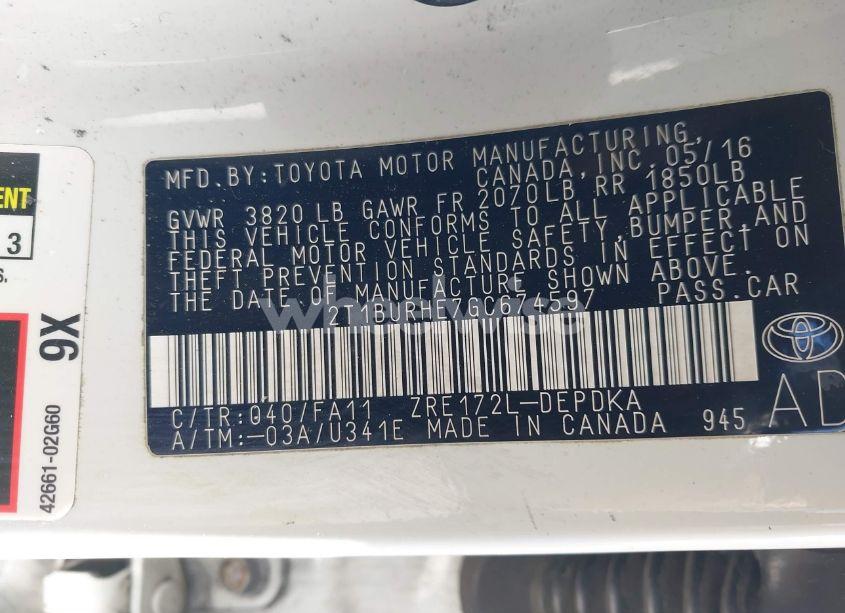 Photo 9 of 2016 Toyota Corolla L (VIN 2T1BURHE7GC674597)