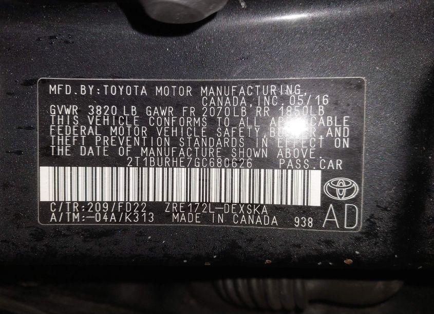 Photo 9 of 2016 Toyota Corolla S PLUS (VIN 2T1BURHE7GC680626)