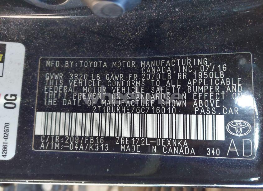 Photo 9 of 2016 Toyota Corolla LE (VIN 2T1BURHE7GC716010)