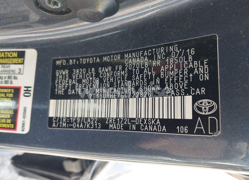 Photo 9 of 2016 Toyota Corolla S PREMIUM (VIN 2T1BURHE7GC722826)