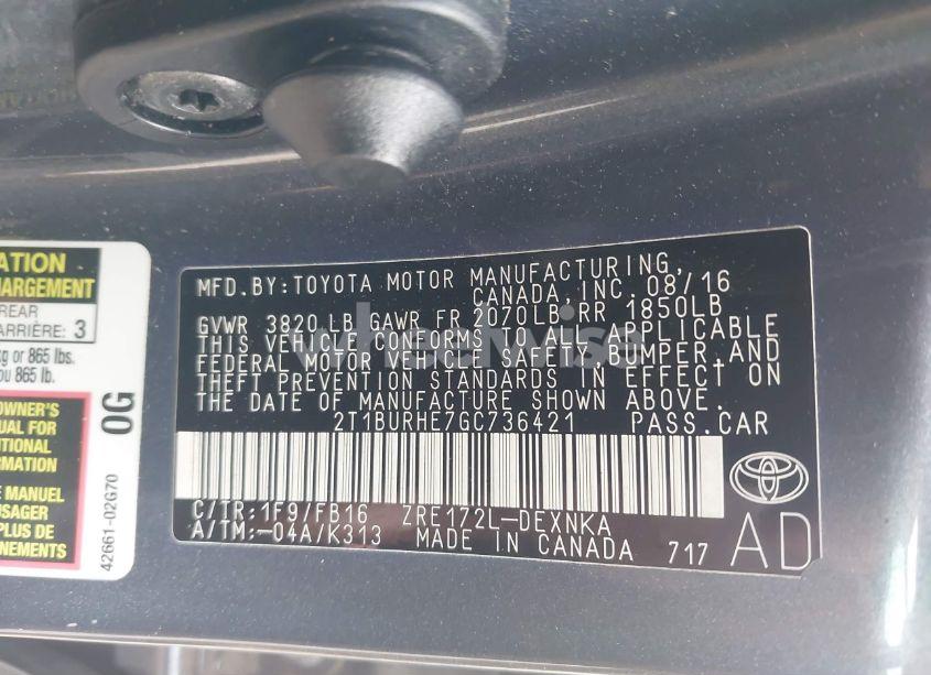 Photo 9 of 2016 Toyota Corolla LE (VIN 2T1BURHE7GC736421)