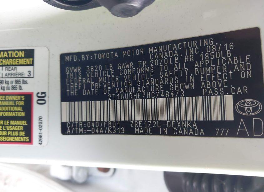 Photo 9 of 2017 Toyota Corolla L/LE/XLE/SE/XSE (VIN 2T1BURHE7HC748473)