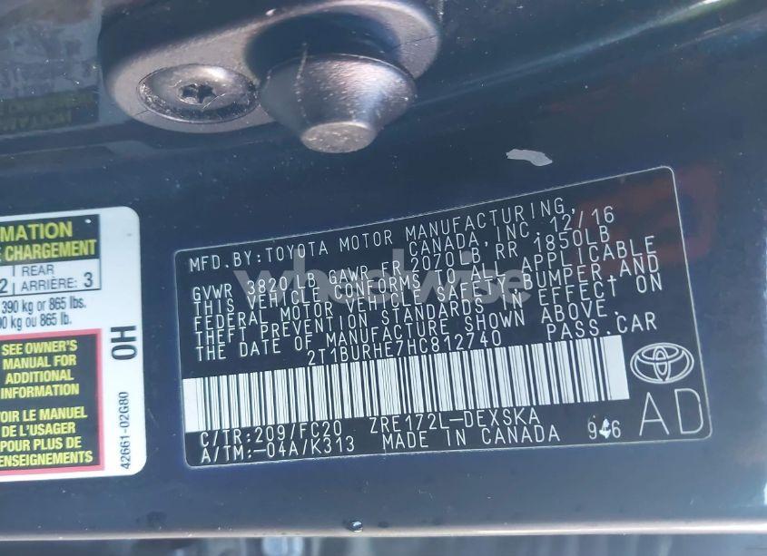 Photo 9 of 2017 Toyota Corolla L/LE/XLE/SE/XSE (VIN 2T1BURHE7HC812740)