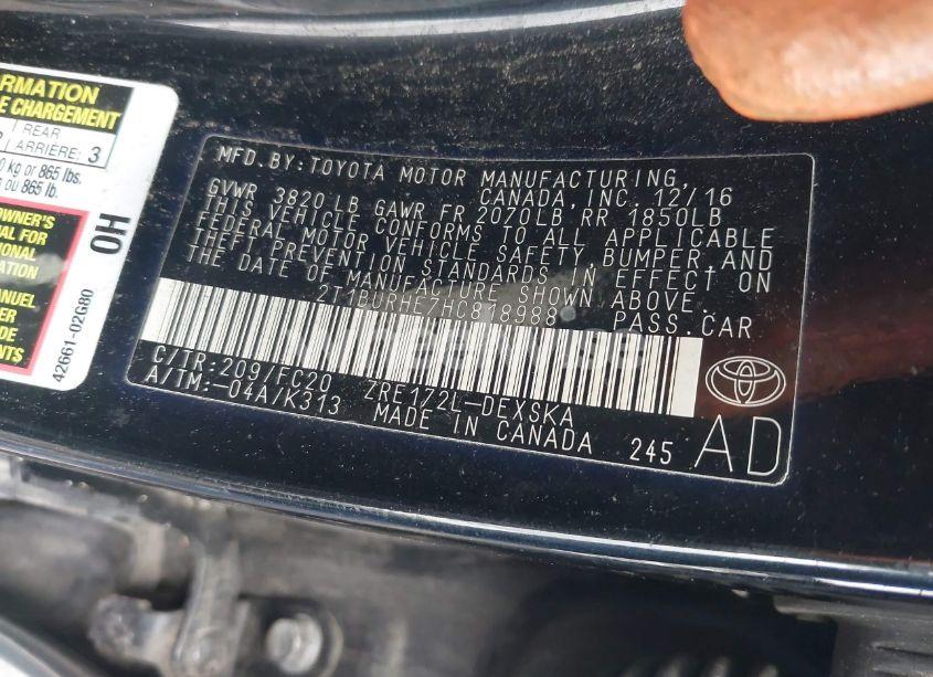 Photo 9 of 2017 Toyota Corolla SE (VIN 2T1BURHE7HC818988)