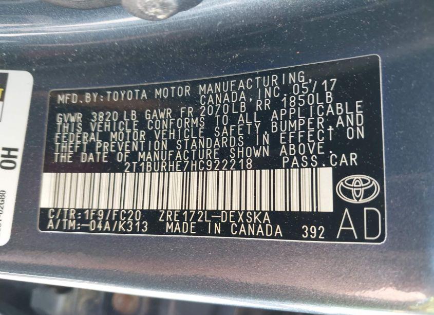 Photo 9 of 2017 Toyota Corolla SE (VIN 2T1BURHE7HC922218)