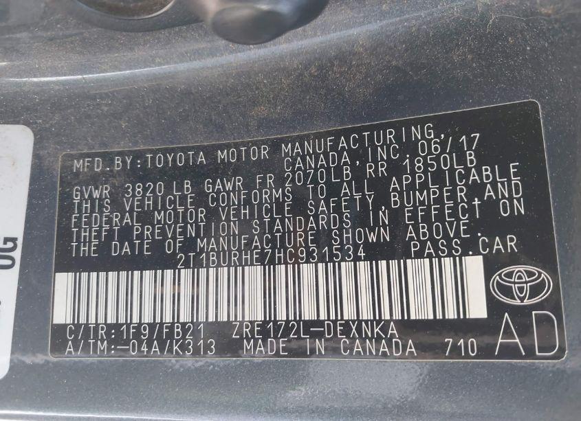 Photo 9 of 2017 Toyota Corolla LE (VIN 2T1BURHE7HC931534)