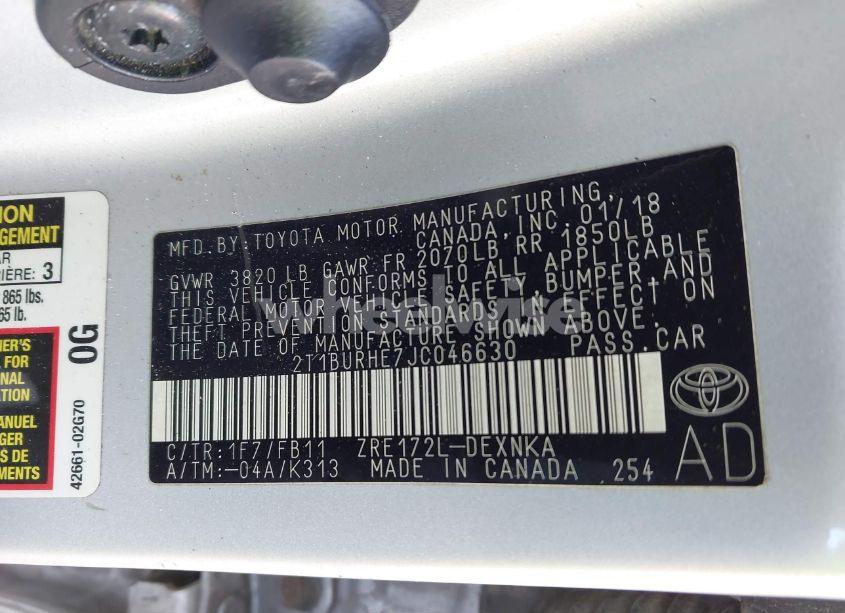 Photo 9 of 2018 Toyota Corolla LE (VIN 2T1BURHE7JC046630)