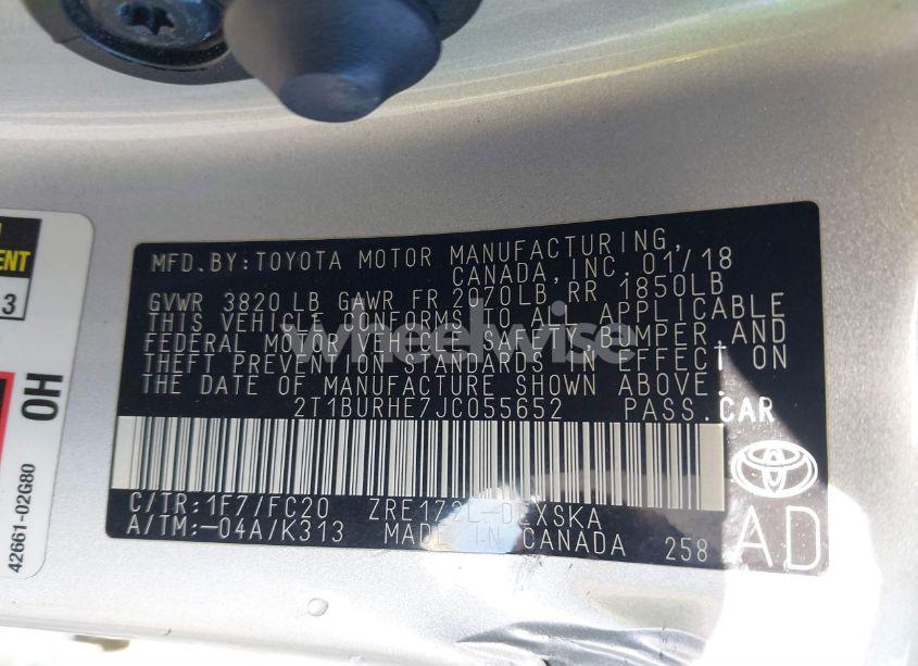 Photo 9 of 2018 Toyota Corolla SE (VIN 2T1BURHE7JC055652)