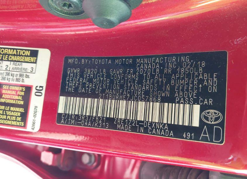 Photo 9 of 2018 Toyota Corolla LE (VIN 2T1BURHE7JC057868)