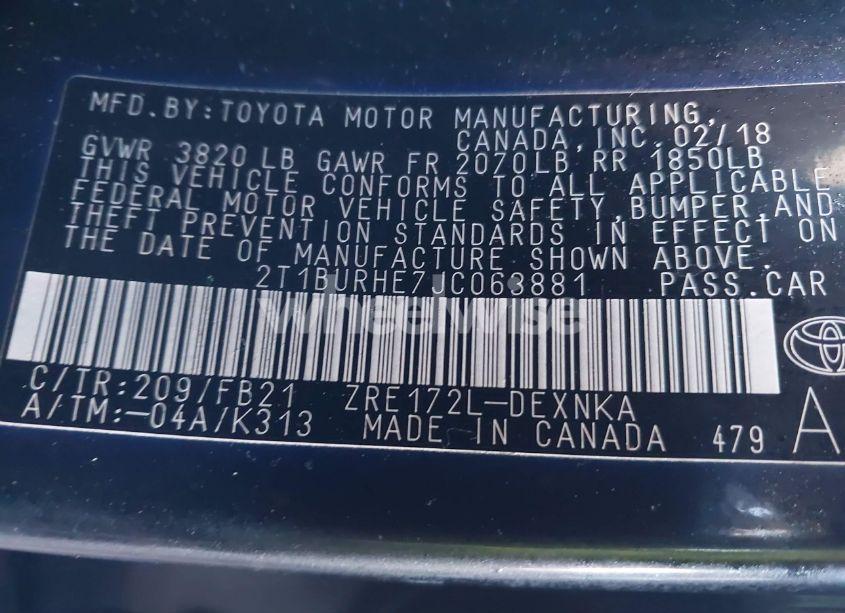 Photo 9 of 2018 Toyota Corolla LE (VIN 2T1BURHE7JC063881)