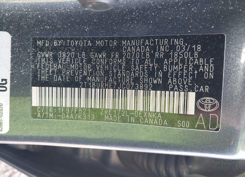 Photo 9 of 2018 Toyota Corolla LE (VIN 2T1BURHE7JC073892)