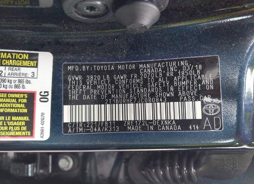 Photo 9 of 2018 Toyota Corolla LE (VIN 2T1BURHE7JC080843)