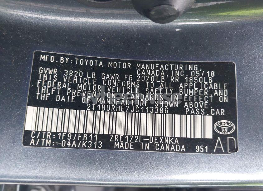 Photo 9 of 2018 Toyota Corolla LE (VIN 2T1BURHE7JC113386)