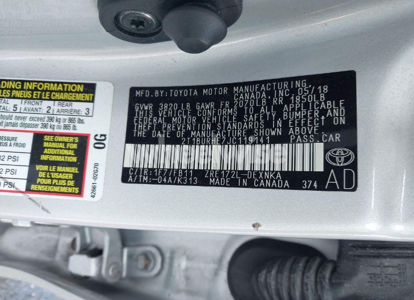 Photo 9 of 2018 Toyota Corolla LE (VIN 2T1BURHE7JC119141)