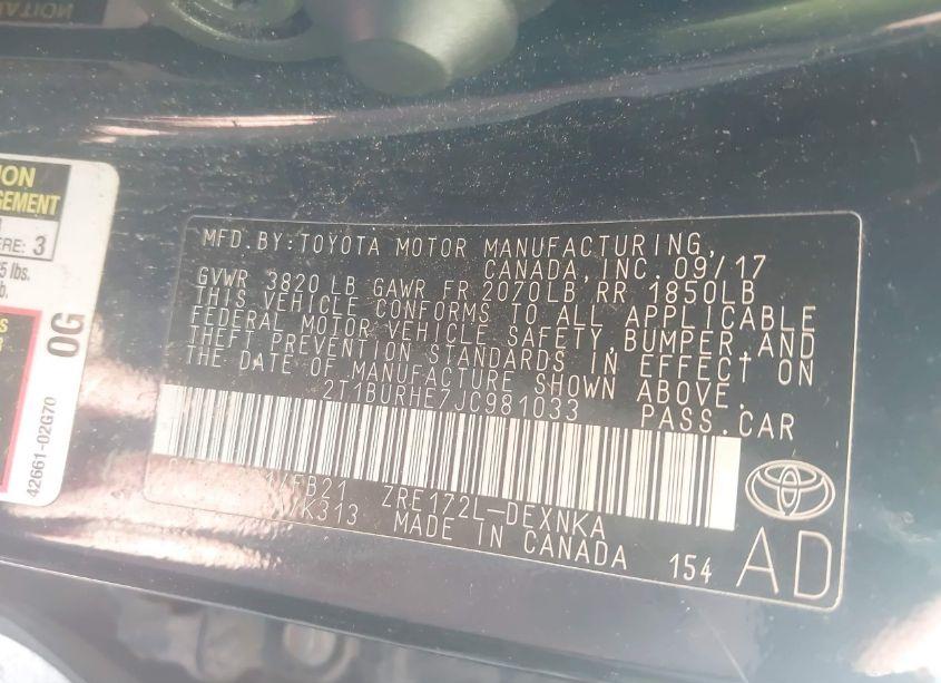 Photo 9 of 2018 Toyota Corolla LE (VIN 2T1BURHE7JC981033)