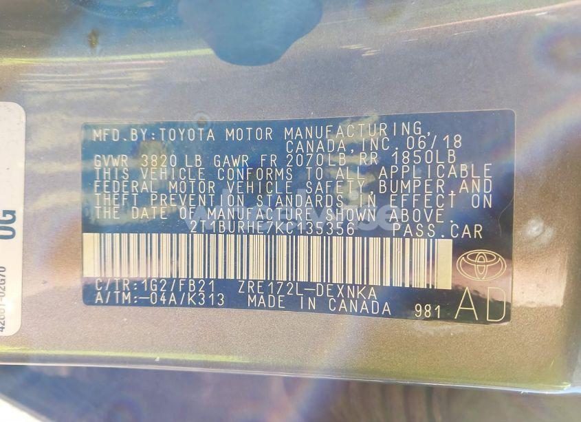 Photo 9 of 2019 Toyota Corolla LE (VIN 2T1BURHE7KC135356)