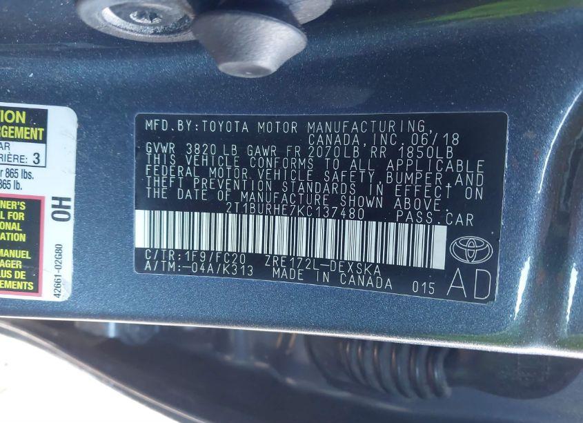 Photo 9 of 2019 Toyota Corolla SE (VIN 2T1BURHE7KC137480)