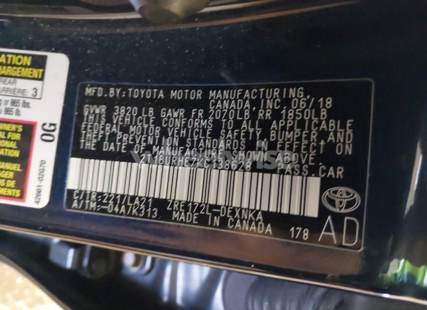 Photo 9 of 2019 Toyota Corolla XLE (VIN 2T1BURHE7KC138628)