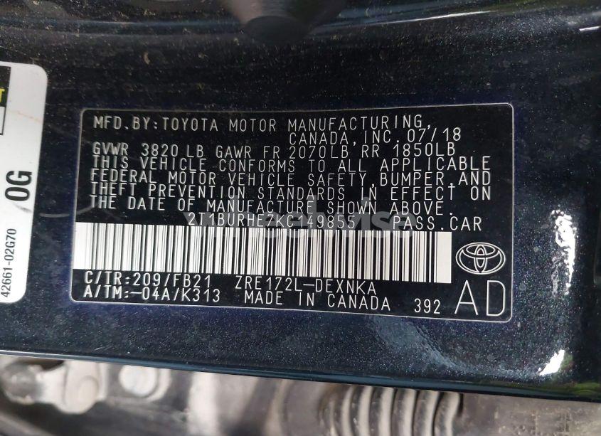 Photo 9 of 2019 Toyota Corolla LE (VIN 2T1BURHE7KC149855)