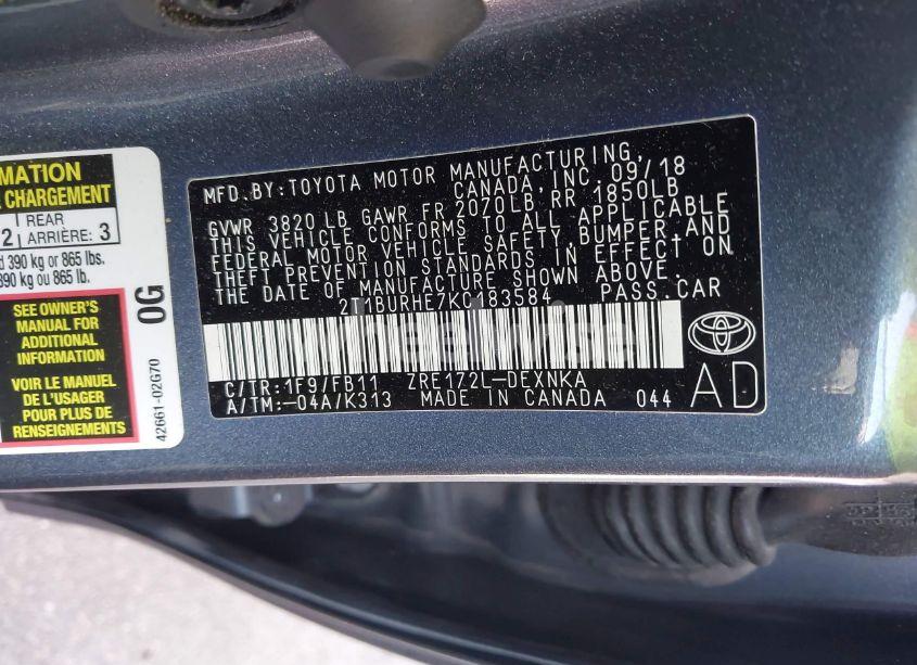 Photo 9 of 2019 Toyota Corolla LE (VIN 2T1BURHE7KC183584)