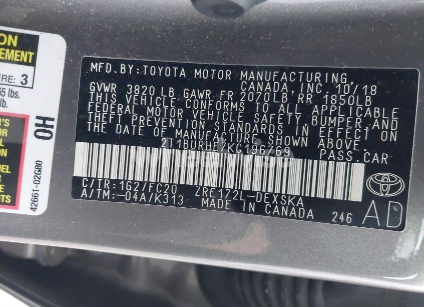 Photo 9 of 2019 Toyota Corolla SE (VIN 2T1BURHE7KC196769)