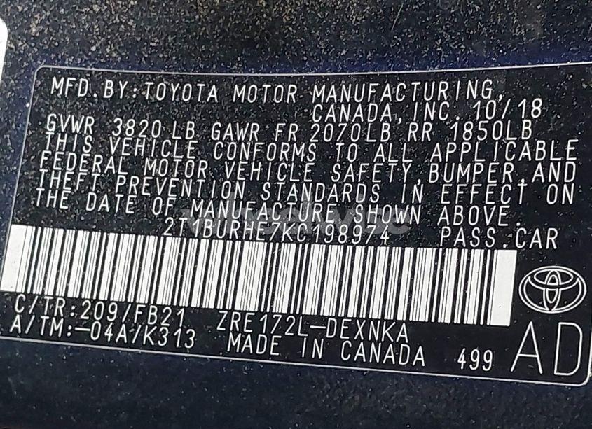 Photo 9 of 2019 Toyota Corolla LE (VIN 2T1BURHE7KC198974)