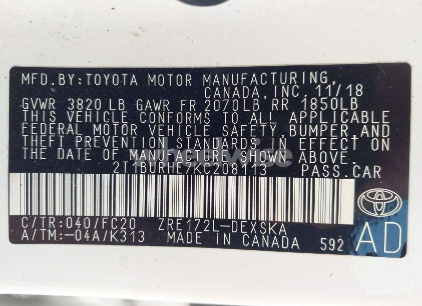 Photo 9 of 2019 Toyota Corolla SE (VIN 2T1BURHE7KC208113)