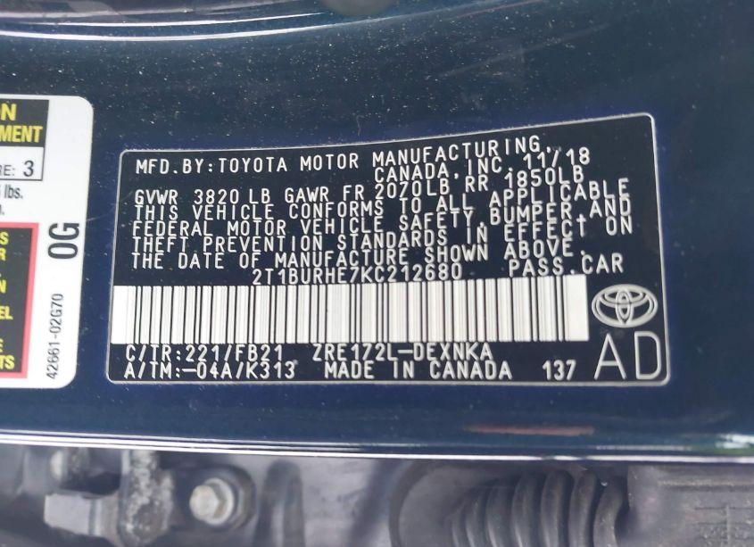 Photo 9 of 2019 Toyota Corolla LE (VIN 2T1BURHE7KC212680)