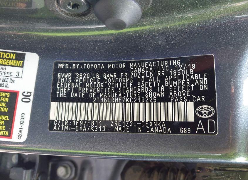 Photo 9 of 2019 Toyota Corolla LE (VIN 2T1BURHE7KC219225)