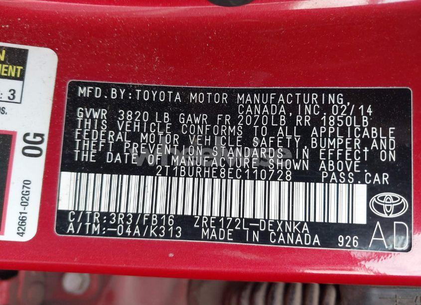 Photo 9 of 2014 Toyota Corolla LE (VIN 2T1BURHE8EC110728)