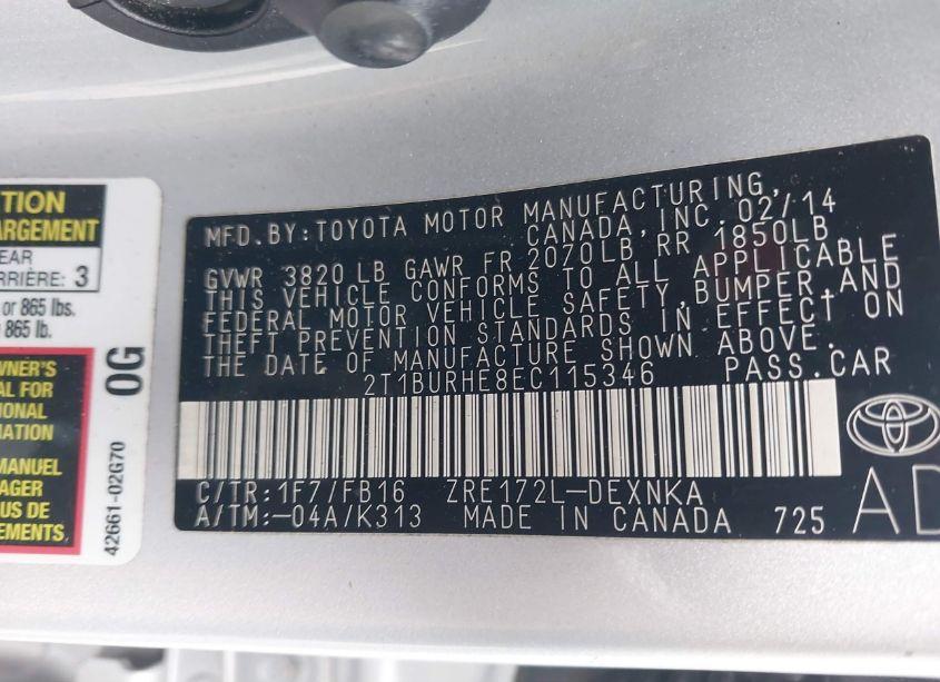 Photo 9 of 2014 Toyota Corolla LE (VIN 2T1BURHE8EC115346)