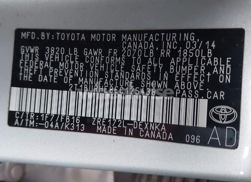 Photo 9 of 2014 Toyota Corolla LE (VIN 2T1BURHE8EC125438)