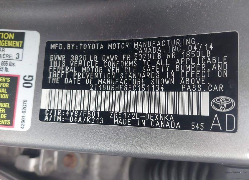 Photo 9 of 2014 Toyota Corolla LE (VIN 2T1BURHE8EC151134)