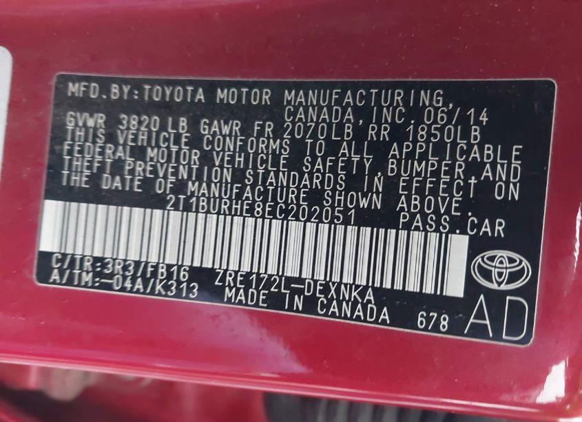 Photo 9 of 2014 Toyota Corolla LE (VIN 2T1BURHE8EC202051)