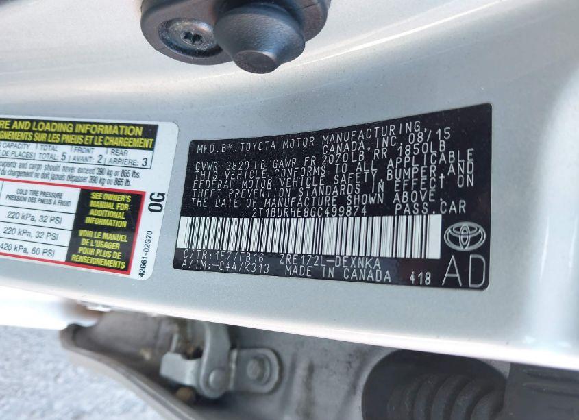 Photo 9 of 2016 Toyota Corolla LE (VIN 2T1BURHE8GC499874)