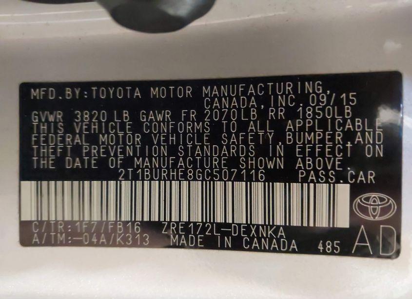 Photo 9 of 2016 Toyota Corolla LE PLUS (VIN 2T1BURHE8GC507116)